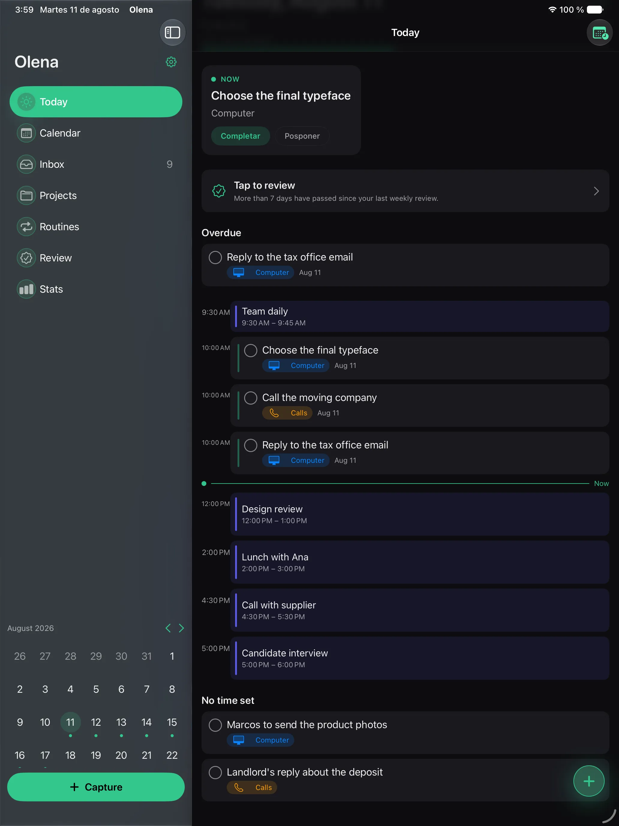 Olena en iPad: la vista Hoy con el calendario y las tareas juntos