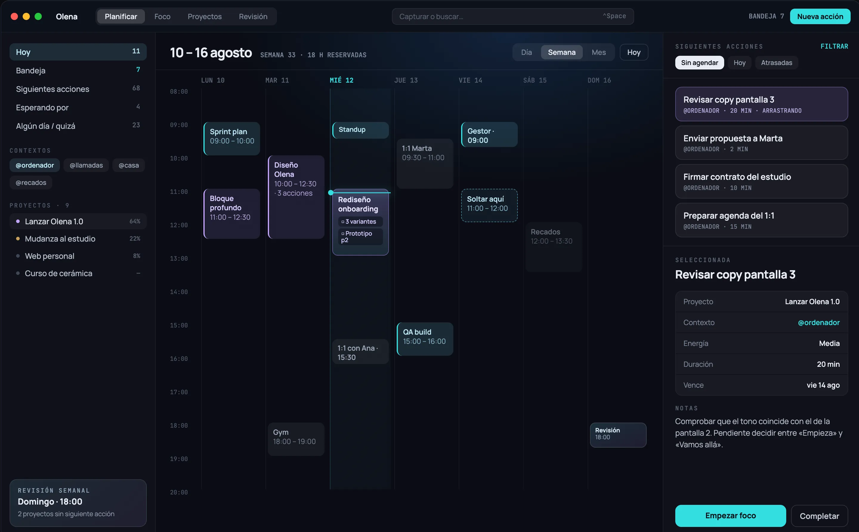 Olena montada en un Mac: la semana con el calendario y las tareas juntos