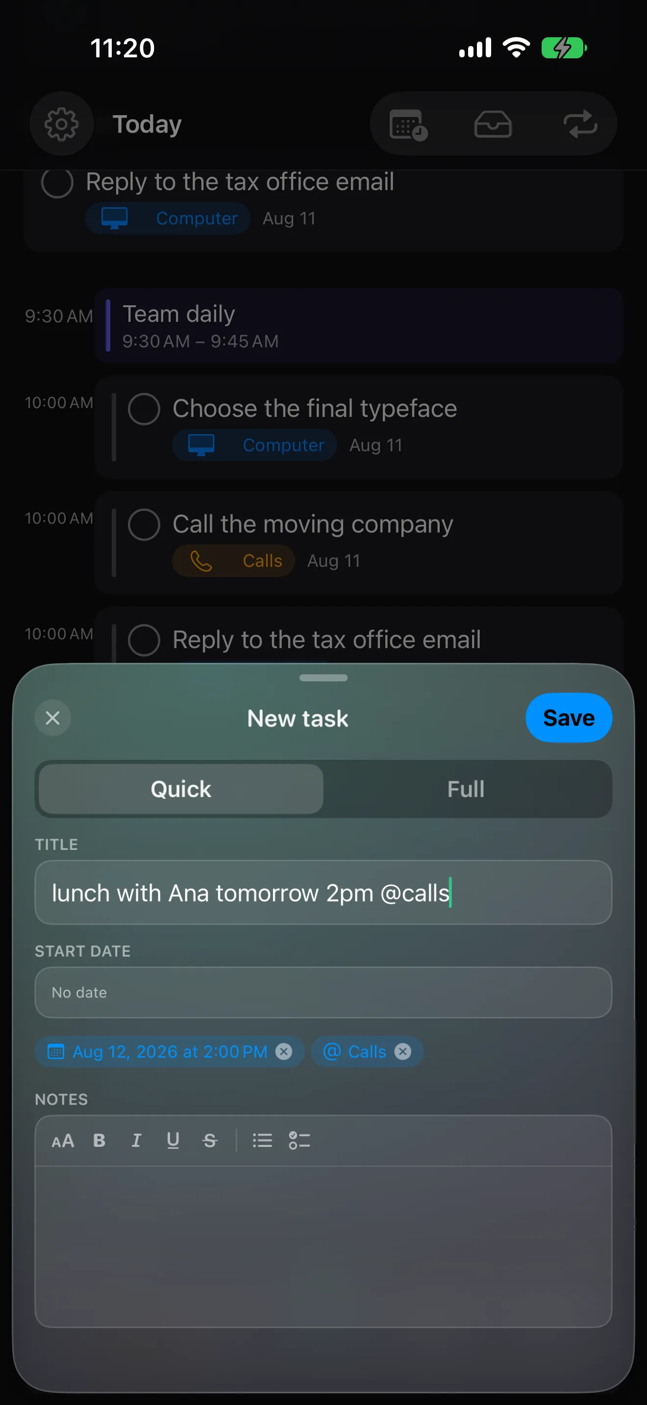 Olena on iPhone: typing “lunch with Ana tomorrow 2pm @calls” and the app picking up the date and the context on its own