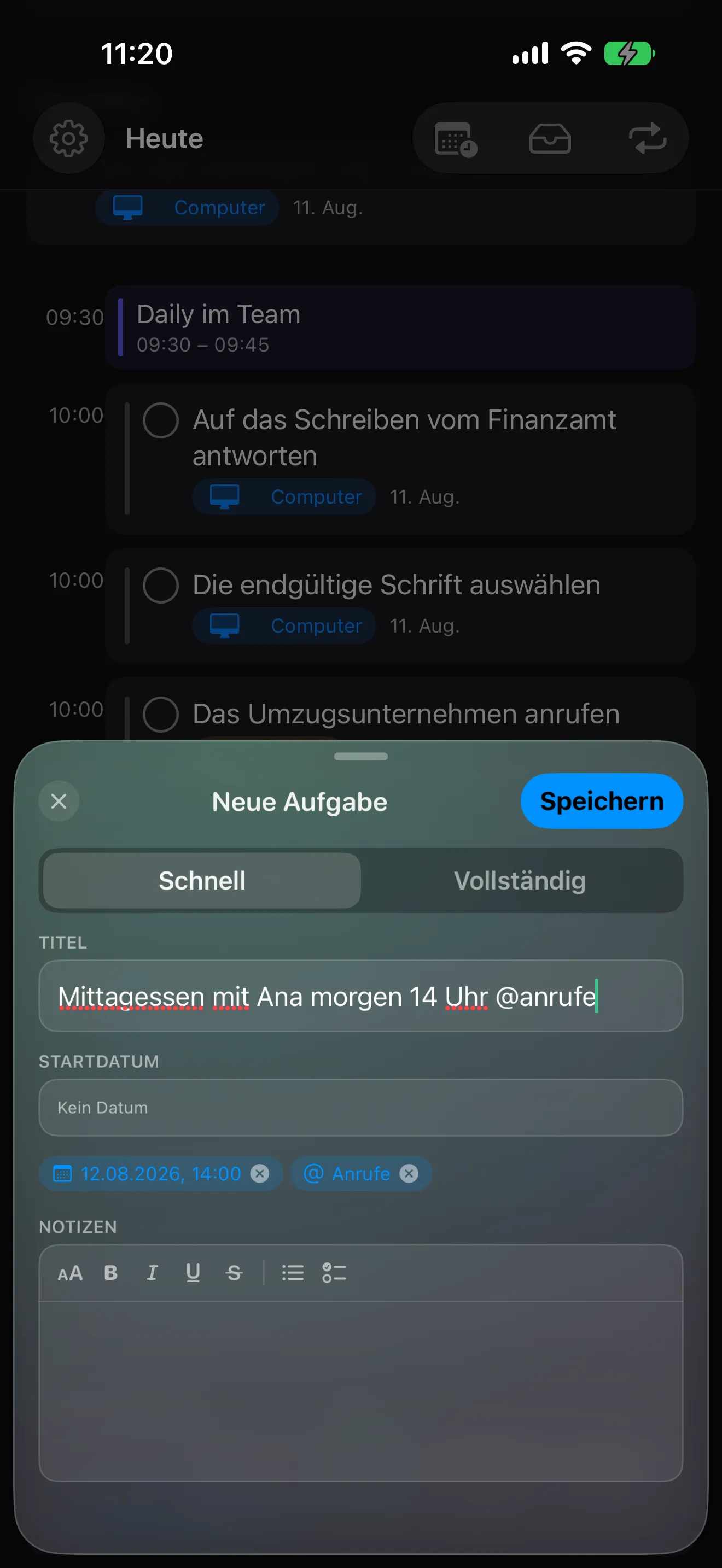 Olena auf dem iPhone: bei der Eingabe „Mittagessen mit Ana morgen 14:00 @anrufe“ erkennt die App Datum und Kontext von selbst