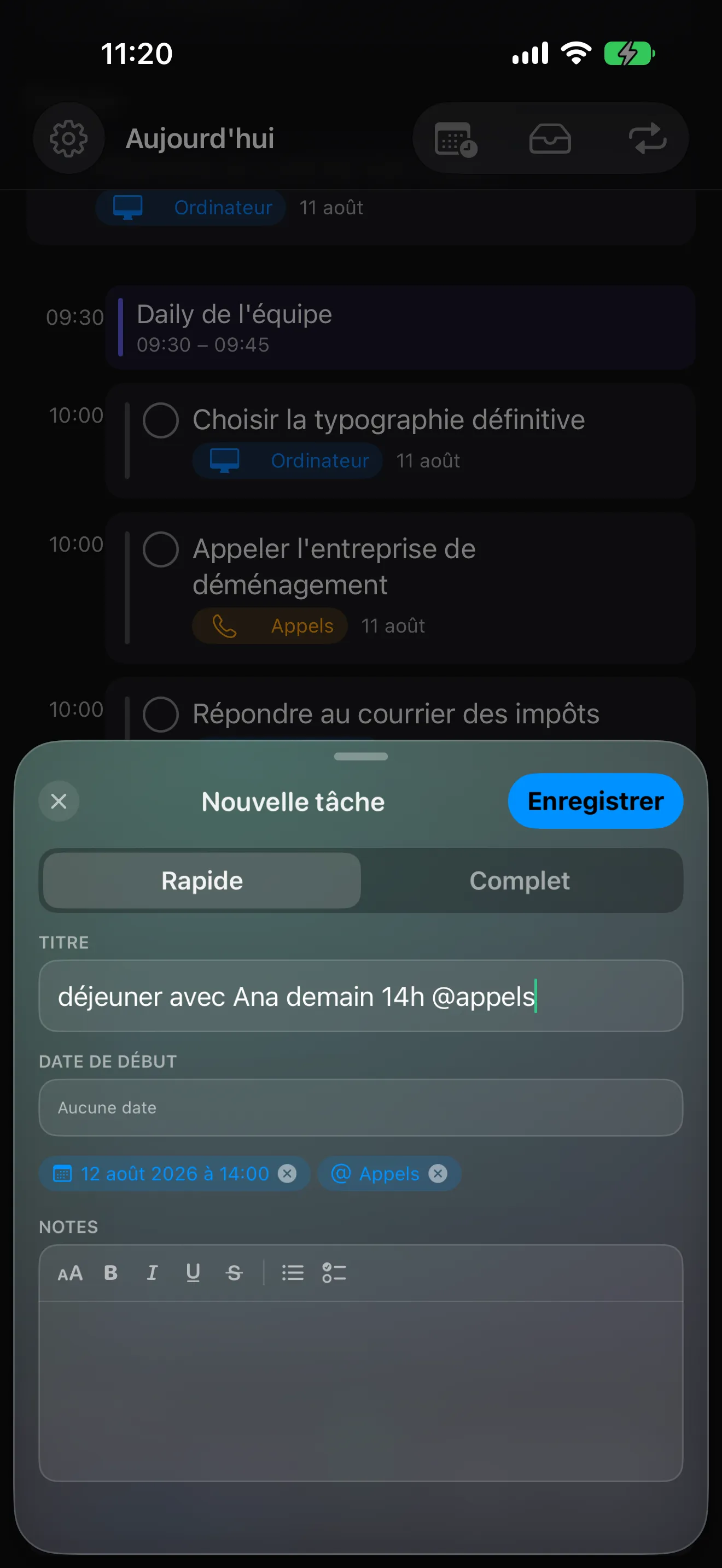 Olena sur iPhone : en saisissant « déjeuner avec Ana demain 14:00 @appels », l’app déduit seule la date et le contexte