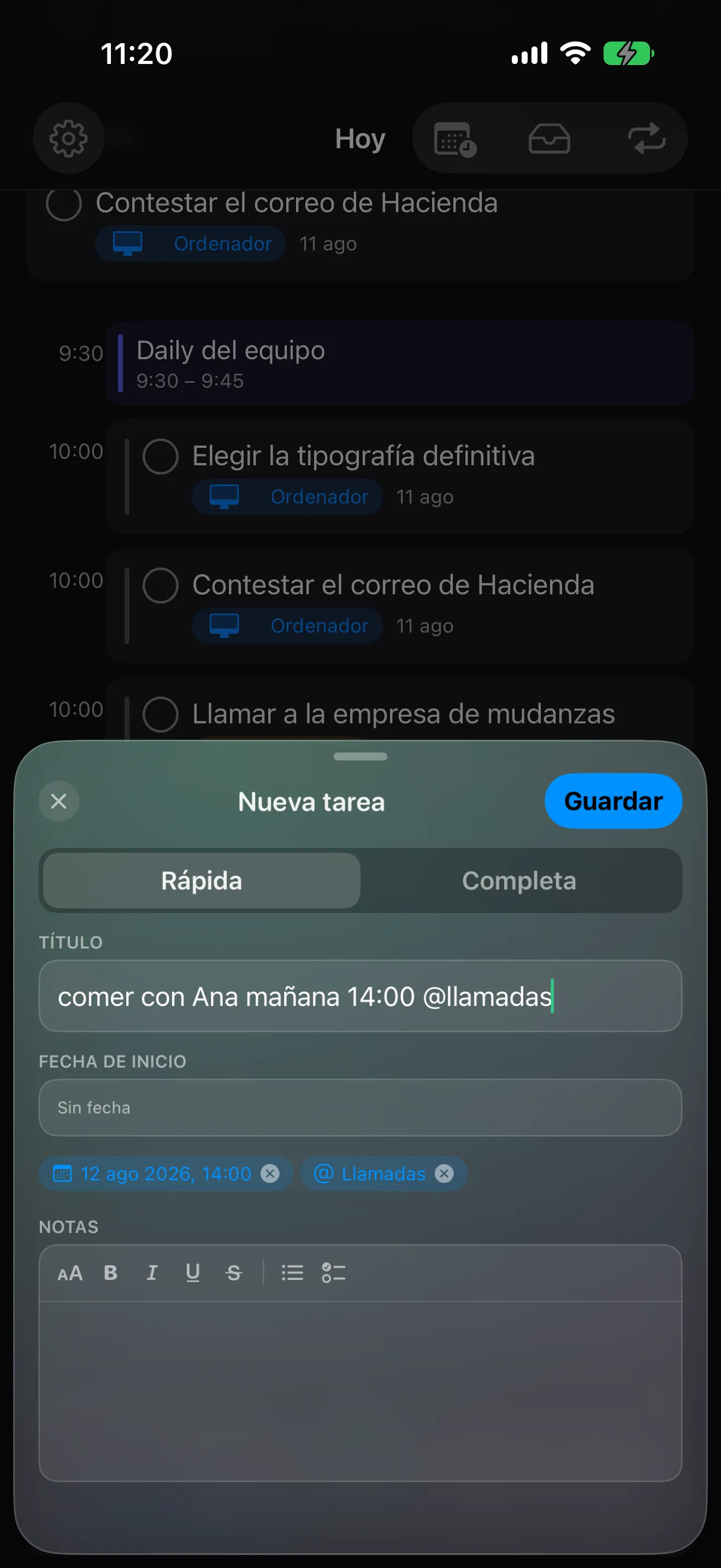 Olena en iPhone: al escribir «comer con Ana mañana 14:00 @llamadas» la app detecta sola la fecha y el contexto