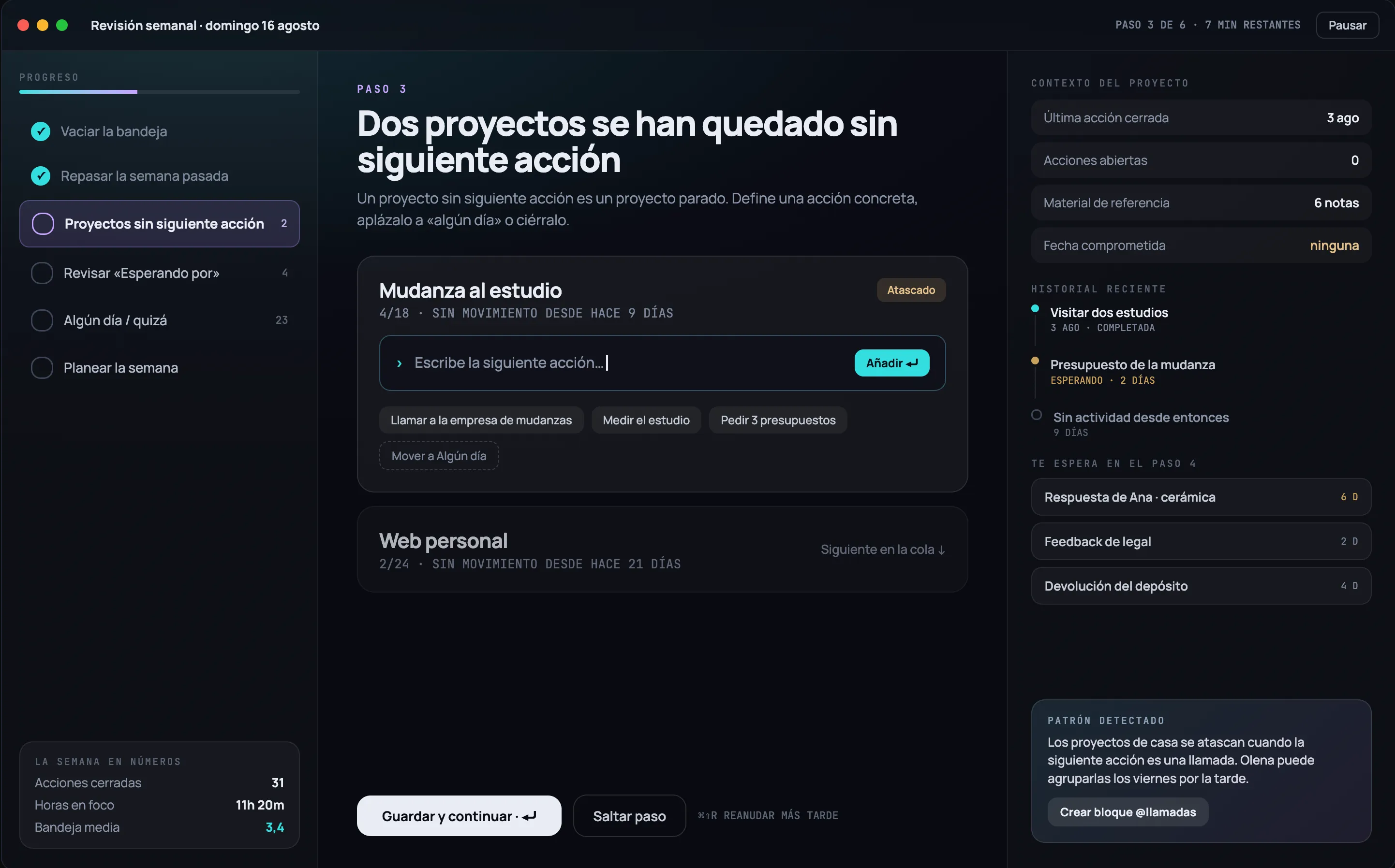 Olena on Mac: the guided weekly review, with the six steps' progress down the left