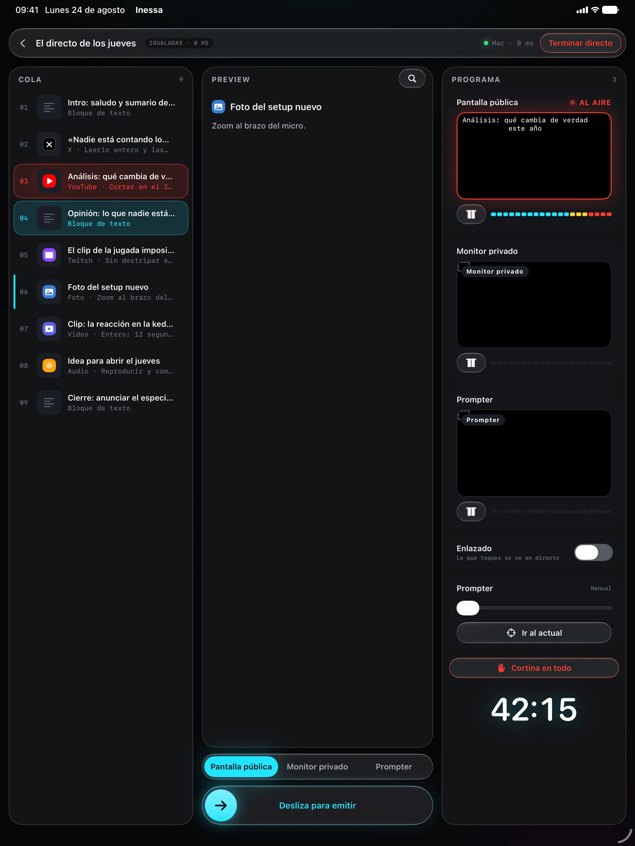La consola de Inessa en el iPad: la cola del guion, el preview privado y el programa con un cue al aire.