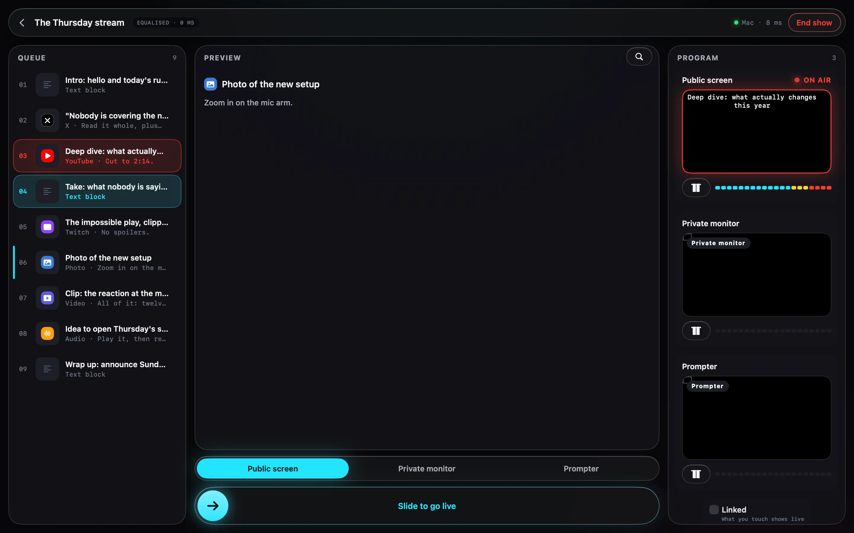 Inessa's control room on Mac, on air, with the keyboard shortcuts in view.