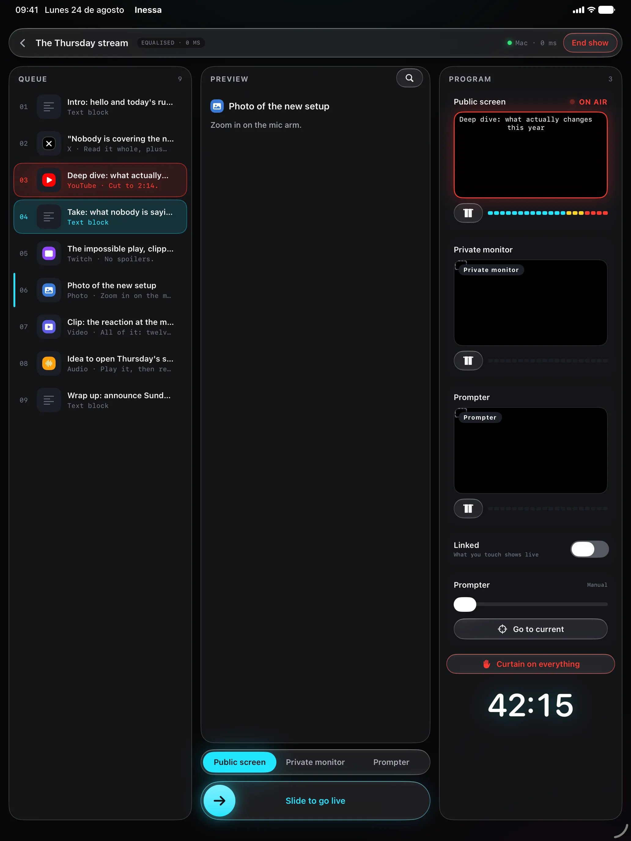 Inessa's control room on iPad: the rundown queue, the private preview and the programme with a cue on air.