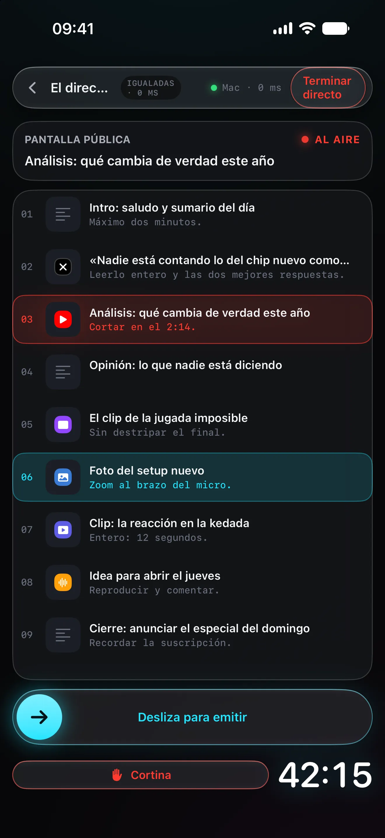 El mando reducido de Inessa en el iPhone, emitiendo en directo.
