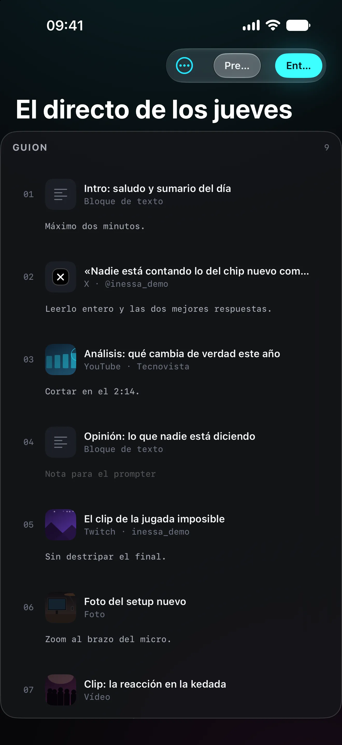 El guion de un directo en el iPhone, con sus cues en orden.