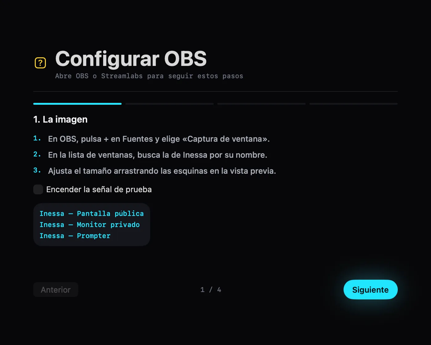 El asistente de configuración de OBS de Inessa, con la señal de prueba.