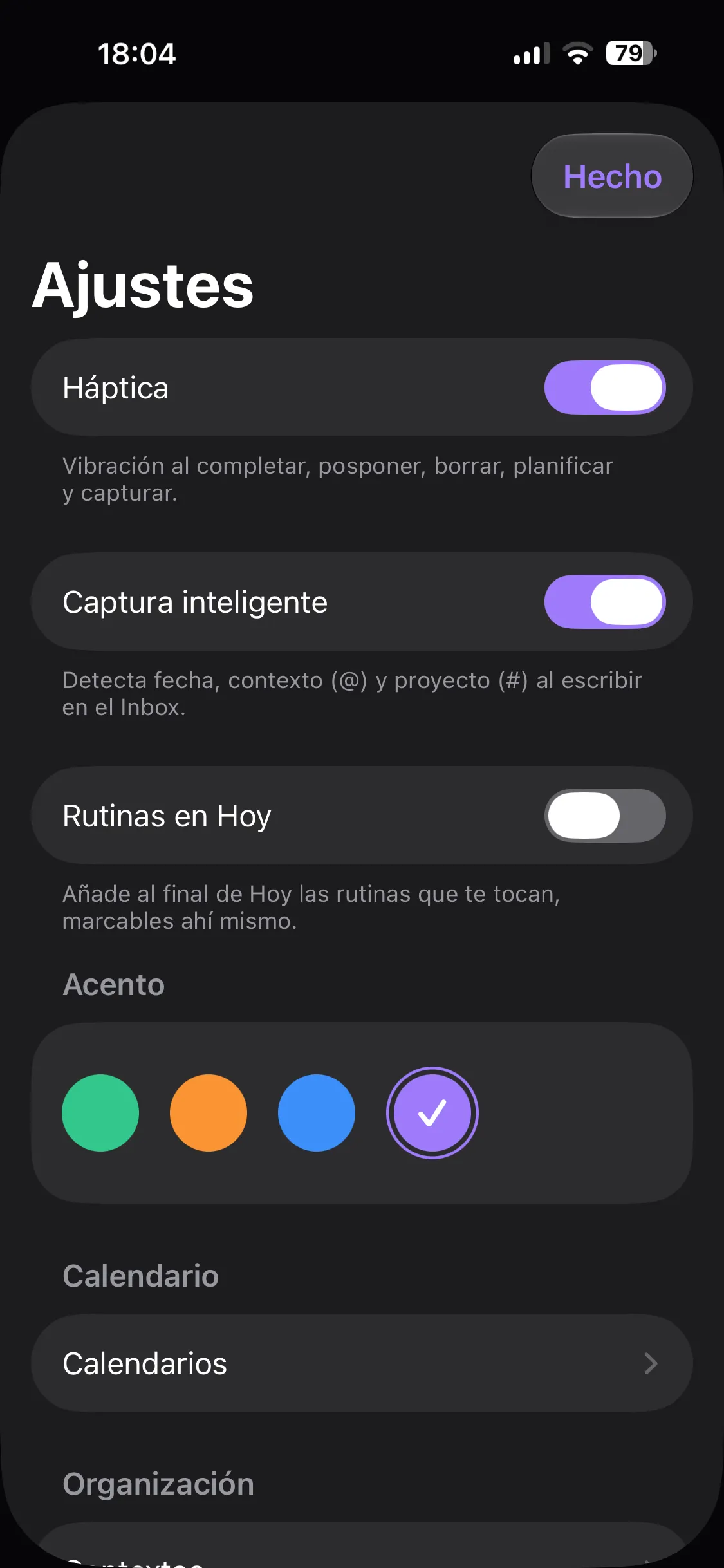 Olena on iPhone: the general settings showing the four available accent colours, with violet selected
