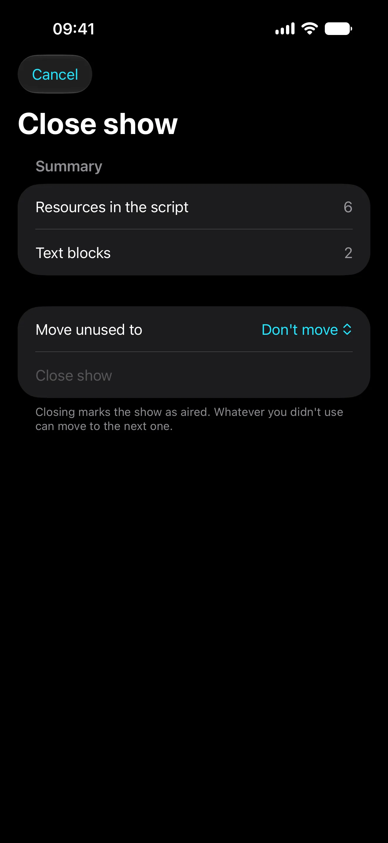 A past show's summary on iPhone, with its chapters and timings.